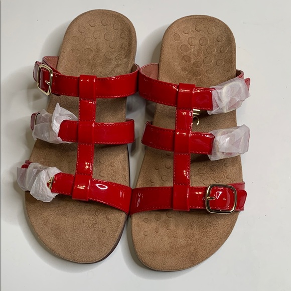New Vionic Sandals Red Gold Strappy Slip On Patent Leather Sz 9 Wide - Picture 5 of 6